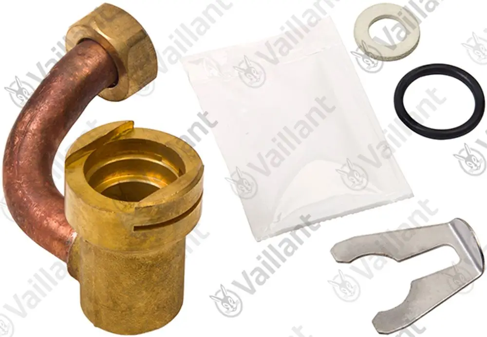 Vaillant Rohr mit gebogenem Kupferstück, goldfarbener Metallbeteiligung, einem Satz Dichtungen und einer Werkzeugschablone, um die Montage zu unterstützen.